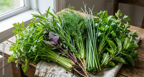 Vibrant assorted fresh culinary herbs and spices gathered on a rustic wooden table by a window for healthy cooking concept and natural ingredients