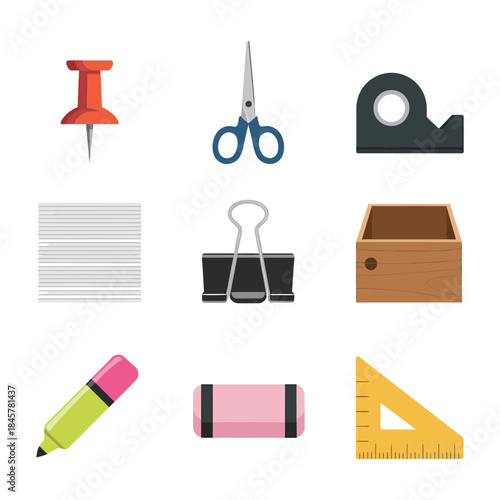 School and office supply icon collection with notebook folder highlighter ruler clip binder, education stationery flat vector illustration