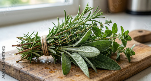 Fresh aromatic herb bundle with rosemary, thyme, and sage on a wooden board for cooking concept and healthy gourmet food