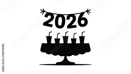 Modern 2026 celebration with cake and drinks