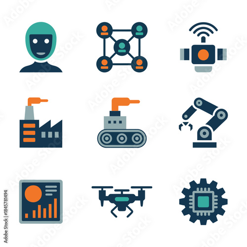 Industrial automation and robotics icon collection with robot arm drone factory analytics symbols, smart manufacturing flat vector illustration design
