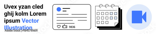 Social media marketing, online interaction, event planning, scheduling tools, digital communication, content sharing. An interface showing a comment card, calendar and video call icon. Social media