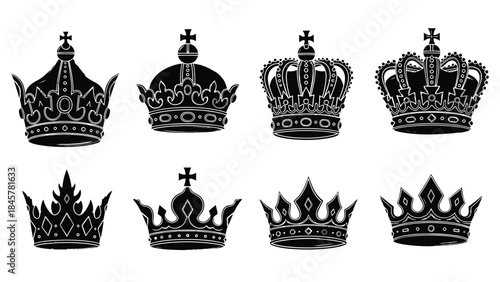 Elegant collection of regal crowns in black and white vector illustration