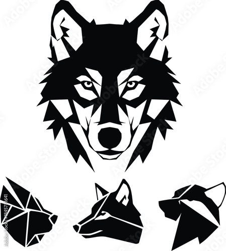 Wolf head logo collection set in geometric style, including fierce and modern black silhouette vector illustrations.