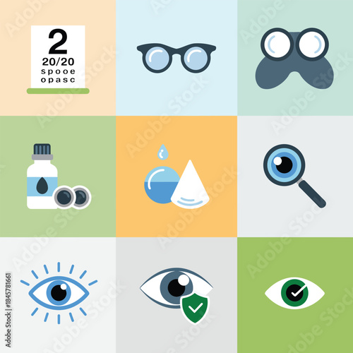 Vision health and eye care icon collection with glasses chart drops protection symbols optometry flat vector illustration design