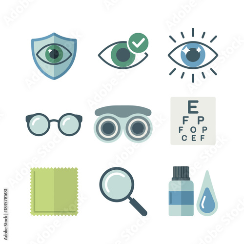 Eye protection and vision safety icon collection with shield check magnifier drops symbols healthcare flat vector illustration design
