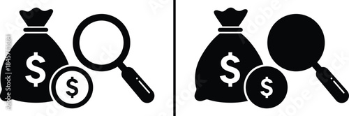 Financial Audit Icon. Money Bag Search and Fund Investigation Vector Symbol