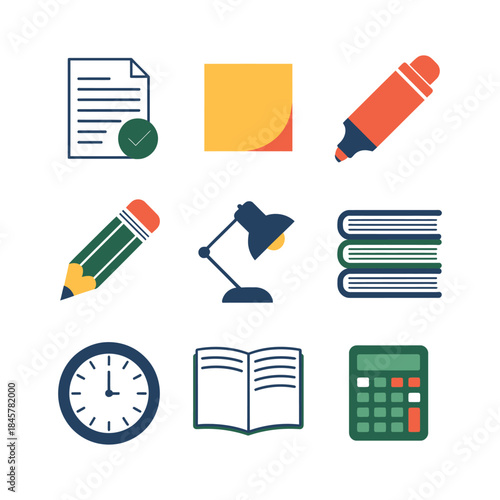 Education and learning supplies icon collection with books pen lamp clock calculator, academic study flat vector illustration design