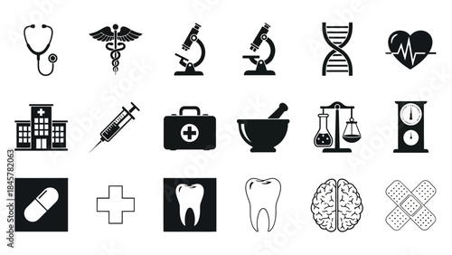 Collection of medical symbols representing healthcare science and various specialties