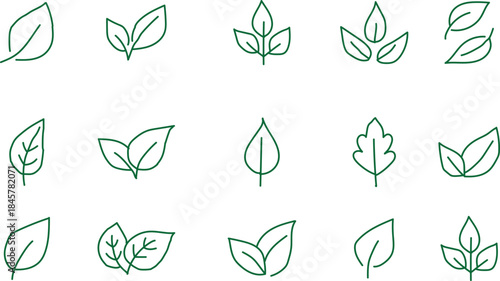 Collection of Hand Drawn Leaf Icons in Green Outline