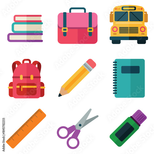 Student classroom essentials icon set with notebook backpack pencil ruler scissors school bus, education supplies flat vector illustration