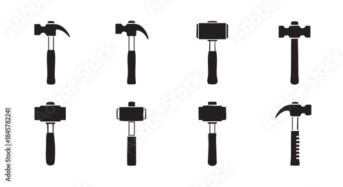 Set of hammer tool icons vector black and white illustration