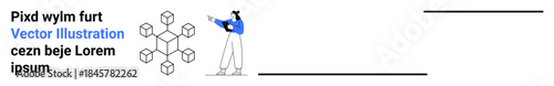Person pointing at a network of interconnected hexagonal shapes, symbolizing analysis, teamwork, systems, data, and creativity. Ideal for business, science, education tech innovation