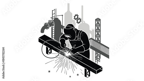 Industrial welder at work amidst factory structures and machinery