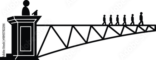 Silhouette of a bridge with a statue and pedestrians