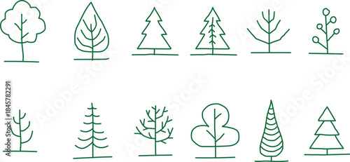 Collection of Hand Drawn Tree Icons in Green Outline