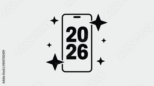 Modern smartphone displaying 2026 with sparkling starburst elements