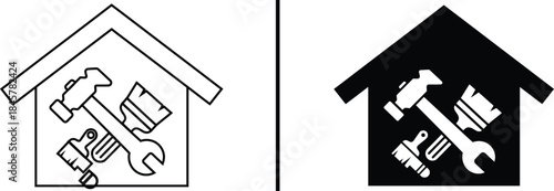 Home Repair and Maintenance Icon. House with Tools and Renovation Symbol