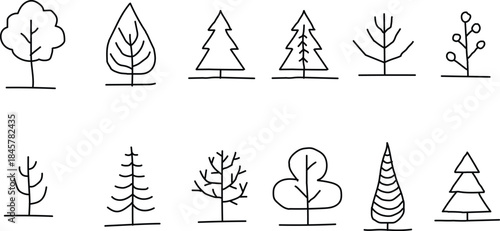 Collection of Hand Drawn Tree Icons in Black Outline