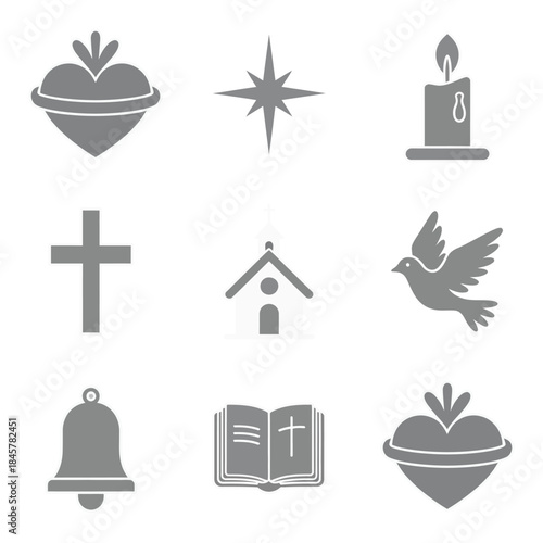Christian faith icon set with nativity cross church dove candle bible heart symbols spiritual flat vector illustration collection