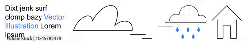 Weather changes, rainfall, natural environment, climate conditions, home protection, ecology. A cloud transforms into rain above a house. Weather changes and rainfall for climate awareness