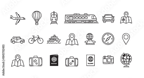 Travel transportation vector icons set plane train car ship map passport