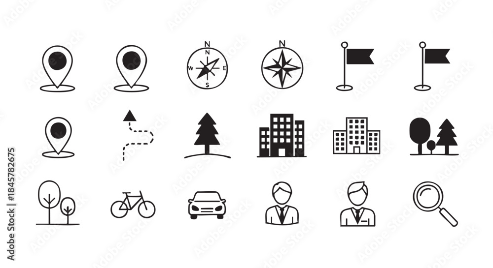Fototapeta premium Vector Line Art Icons Representing Travel Navigation and Outdoor Activities
