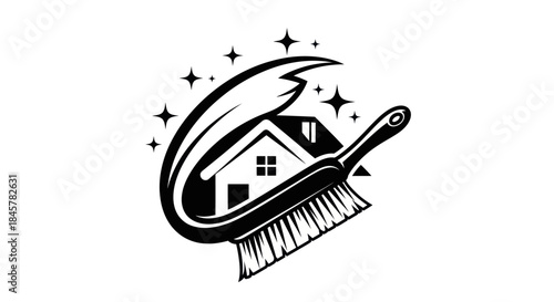 House Cleaning Service Logo with Brush and Sparkling Elements.
