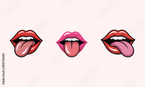 Three cartoon lips with tongues sticking out mouth