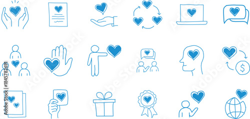 Blue Heart Icons Set for Charity and Love Concepts 