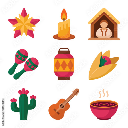 Colorful latin christmas celebration illustration set with cactus guitar lantern candle nativity holiday flat vector icons