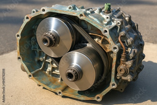A disassembled car transmission rests on pavement showing its internal gears belts and metal casing under sunlight