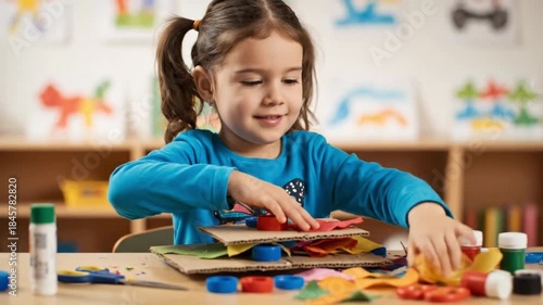 Little girl enjoying hands-on craft activity, learning and creating art