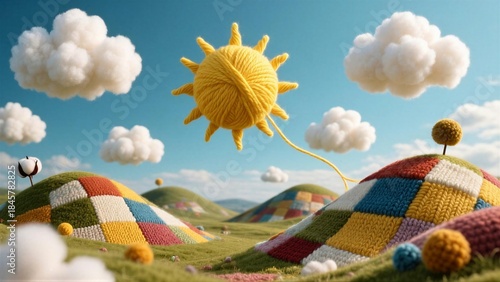 A whimsical landscape featuring rolling hills covered in colorful knitted patterns and a bright, yarn-like sun.