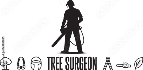 Tree surgeon silhouette vector icon set, professional with chainsaw and equipment