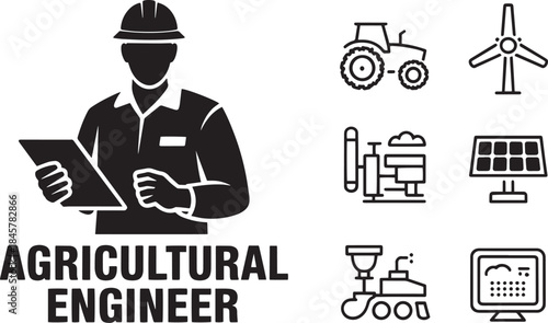 Agricultural engineer with tractor, wind turbine, solar panel, irrigation icons