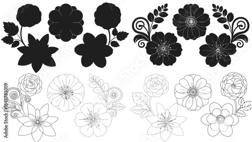 Floral arrangement featuring black silhouettes and delicate white line drawings