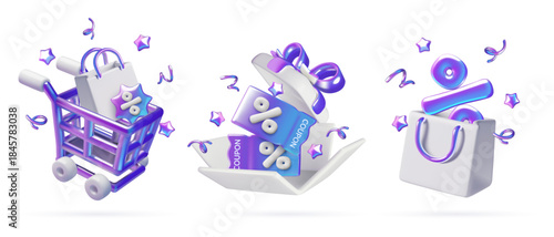Shopping and holiday sale compositions set with purple metallic push cart, gift bag and gift box with discount icons inside. Vector illustration
