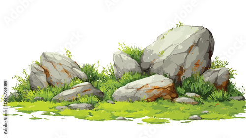 Serene Green Grass Area with Rocks and Stones on the Ground Vector
