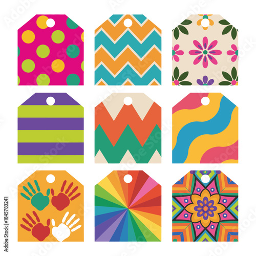 Decorative festival tag and label icon pack with abstract color art patterns joyful flat vector illustration