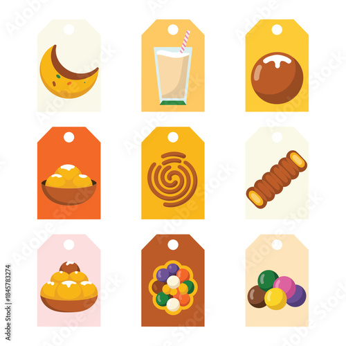 Festive dessert and sweet food label illustration pack with bowls candies rolls celebration flat vector design set