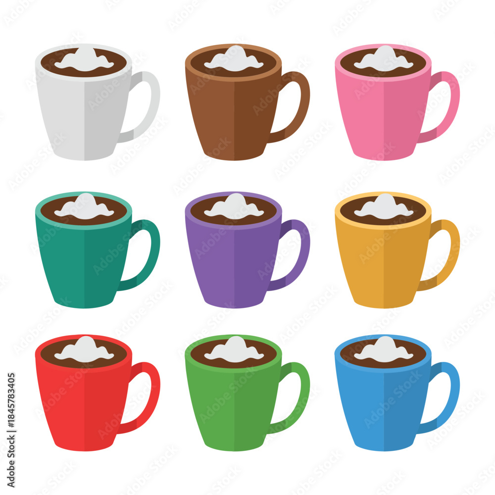 Obraz premium Coffee cup icon set with whipped cream and latte foam colorful ceramic mugs modern flat vector illustration collection