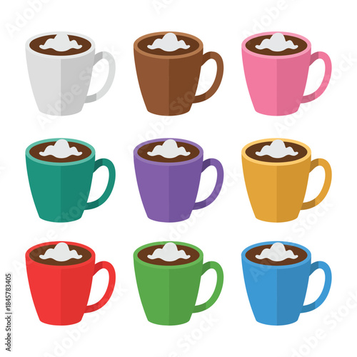 Coffee cup icon set with whipped cream and latte foam colorful ceramic mugs modern flat vector illustration collection