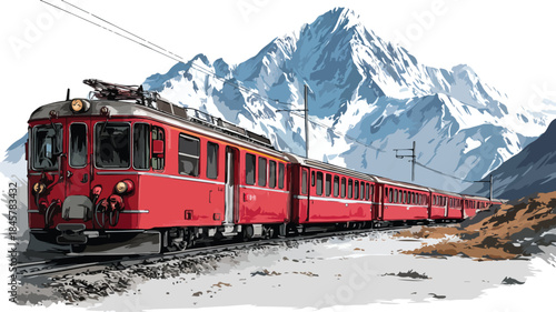 Scenic Red Train Passing by Majestic Mountain Vector Illustration