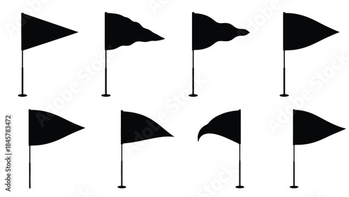 A collection of black silhouette flags displayed in various waving positions