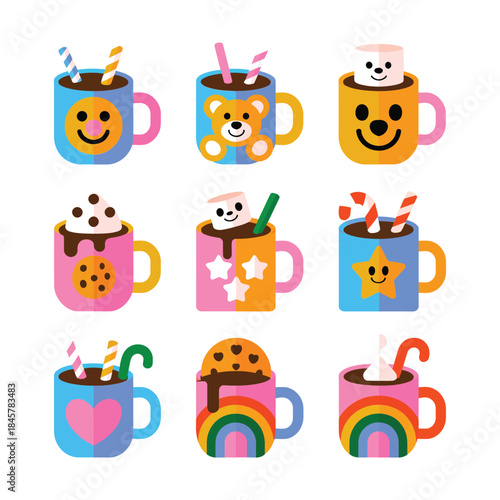 Cute winter drink mug illustration set with smiling faces marshmallow toppings cozy holiday flat vector design collection