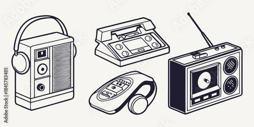 Retro Audio Tech Gadgets Isometric Line Art Set