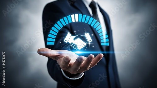 Businessman holding handshake icon digitally.