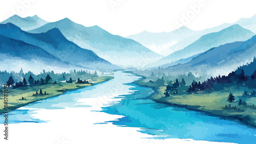 Serene River Watercolor Painting with Blue Water and Mountain Landscape