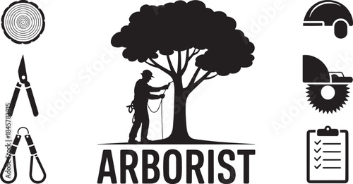 Arborist silhouette vector icon set, tree care worker with tools and equipment